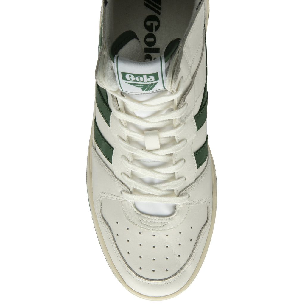 The top-down view of an off-white Gola high-top sneaker with green stripes.