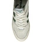The top-down view of an off-white Gola high-top sneaker with green stripes.