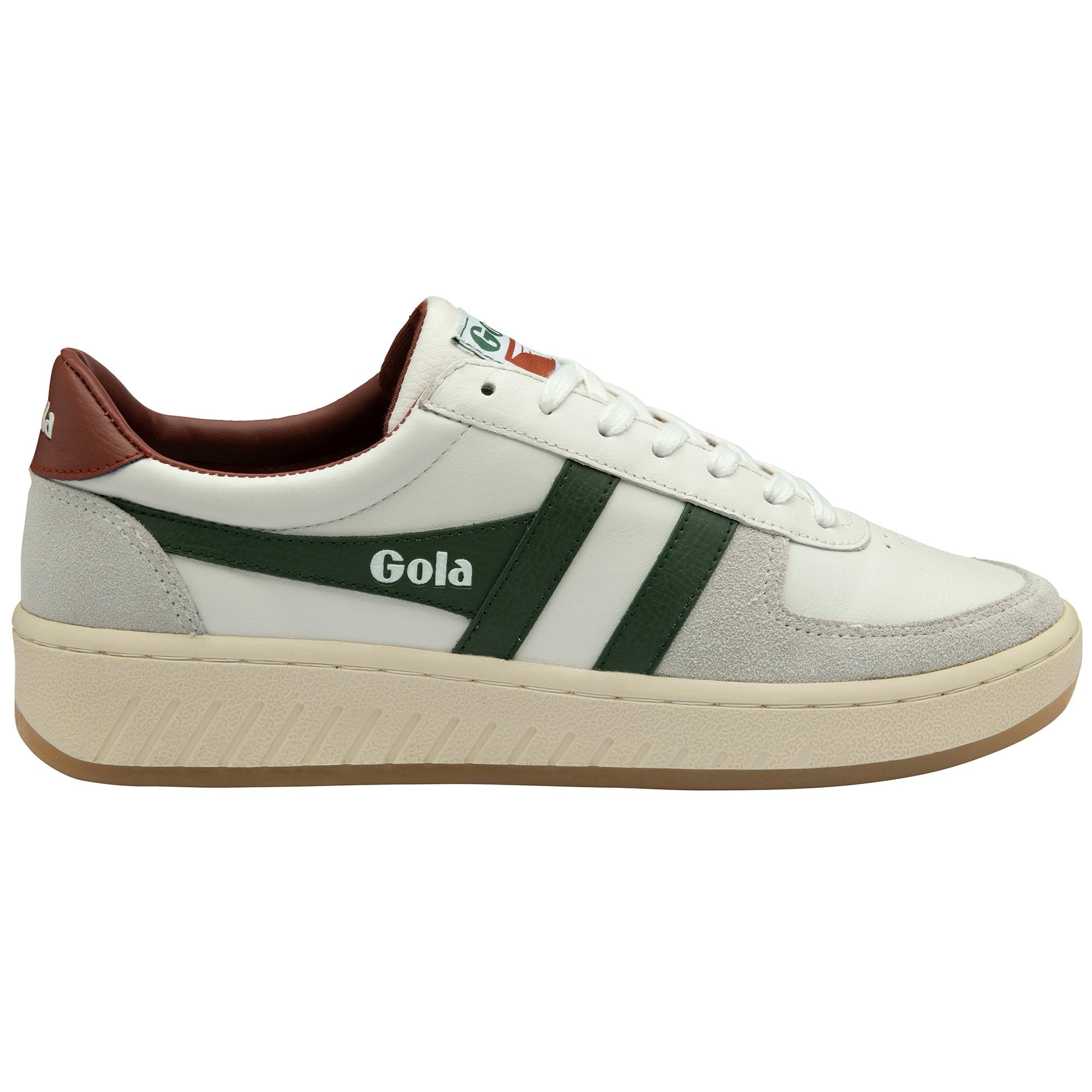 A single white and green Gola sneaker with a brown heel tab.