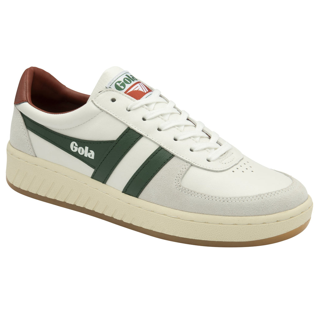 A right white and green Gola sneaker with a brown heel tab.