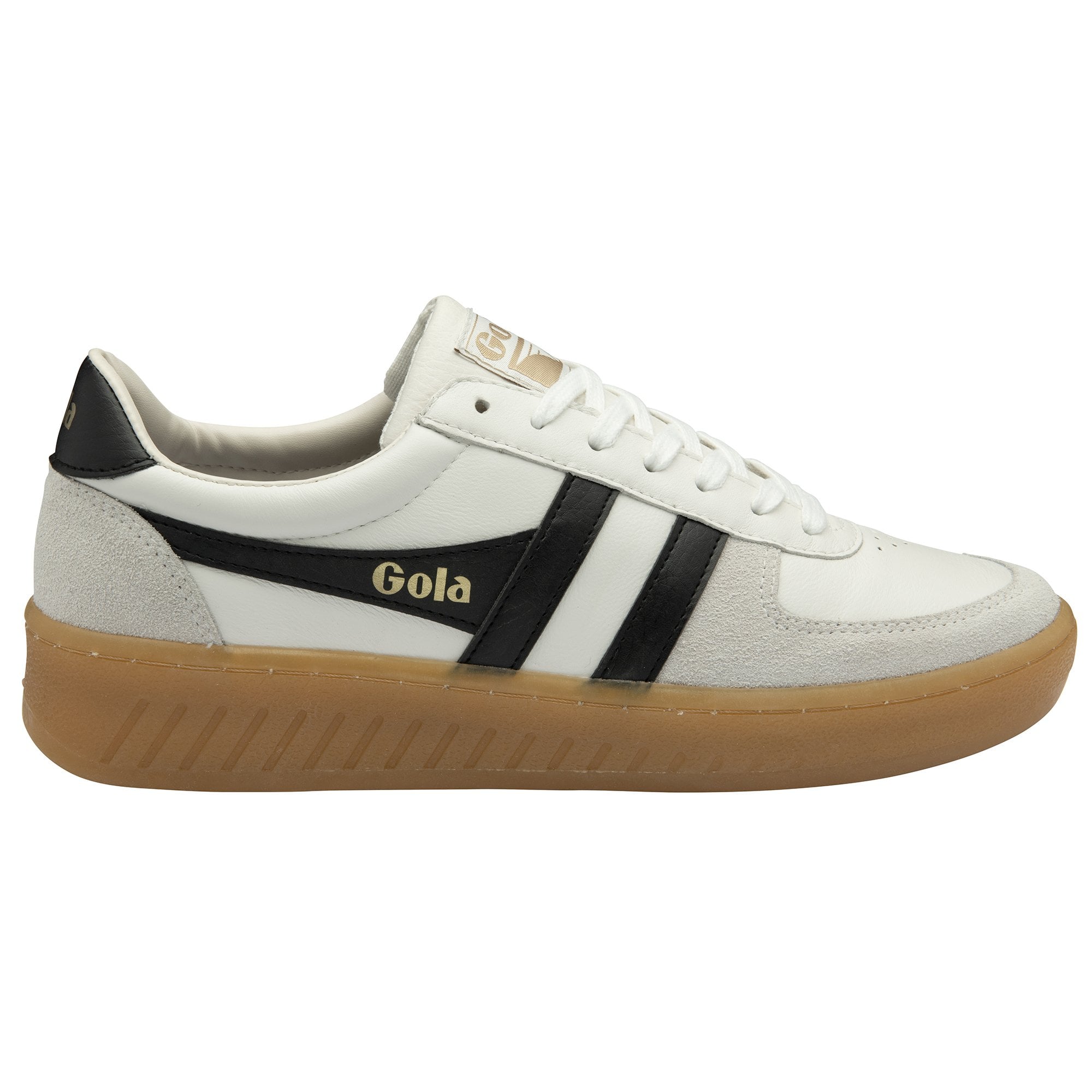 A white Gola sneaker with black stripes and a tan sole, viewed from the side.