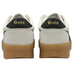 A pair of white Gola sneakers with black and gold accents on the back.