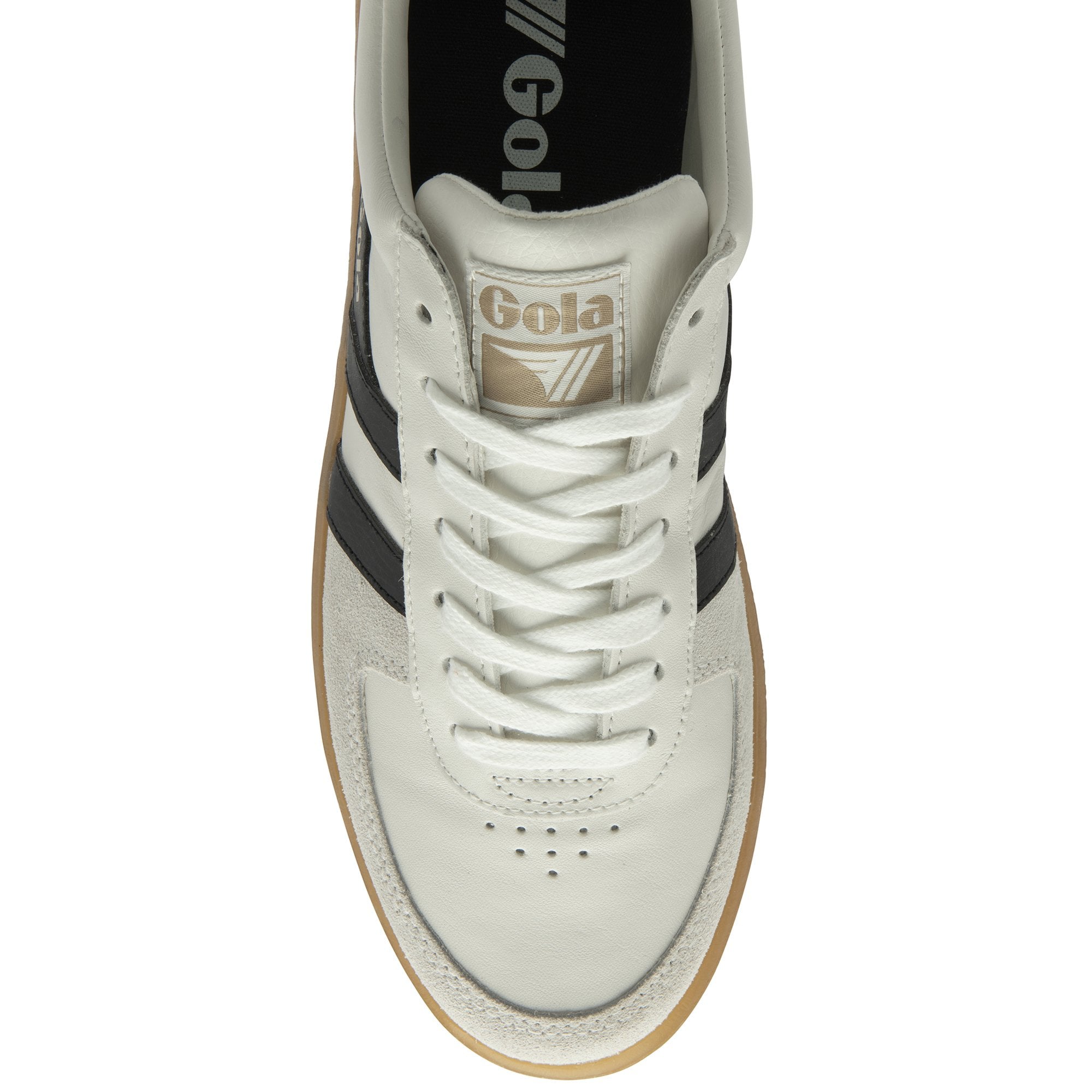 A white Gola sneaker with black stripes and a tan sole, viewed from above.