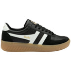 Black Gola sneaker with white stripes and a gum sole, viewed from the side.