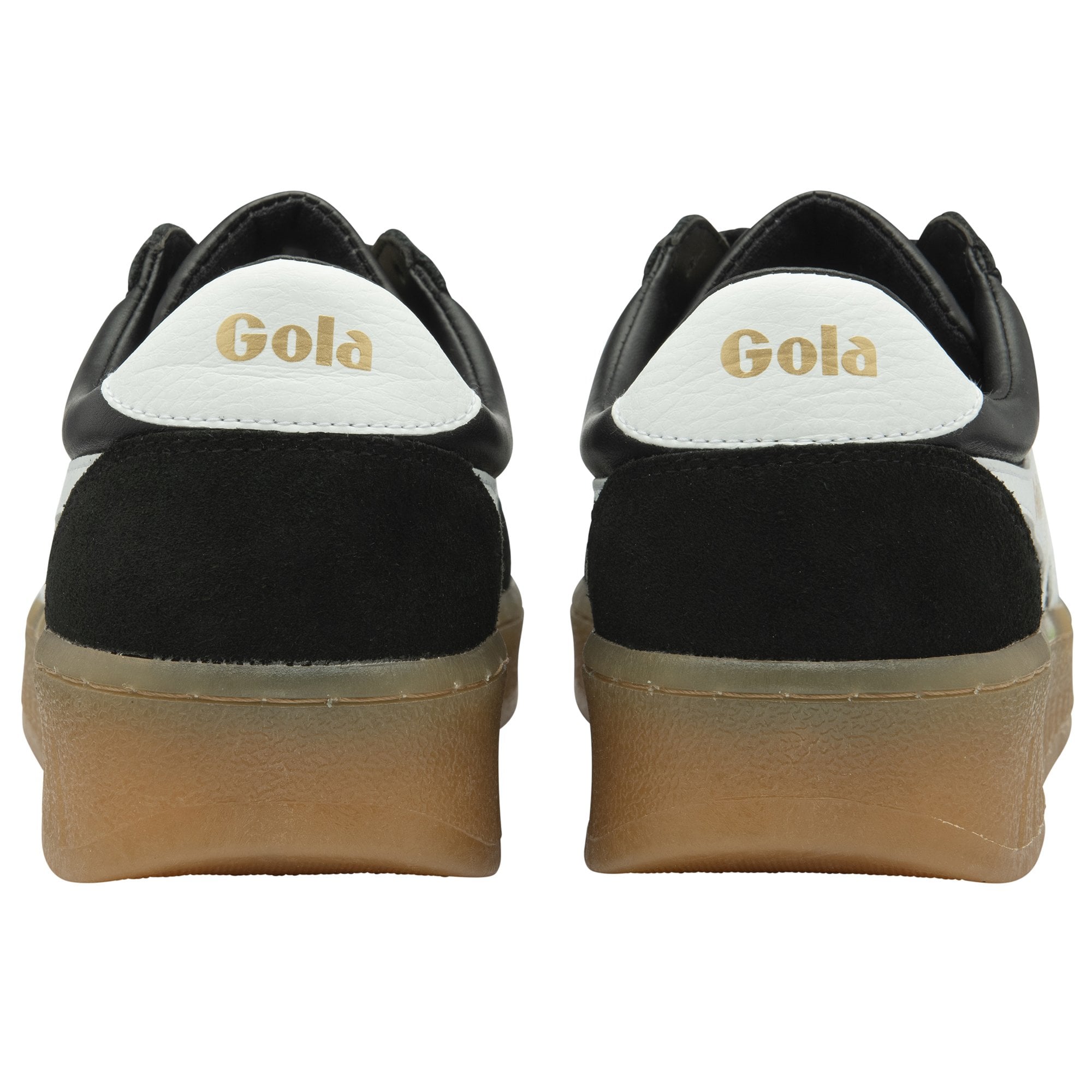 Back view of two black Gola sneakers with white heel tabs and gum soles.