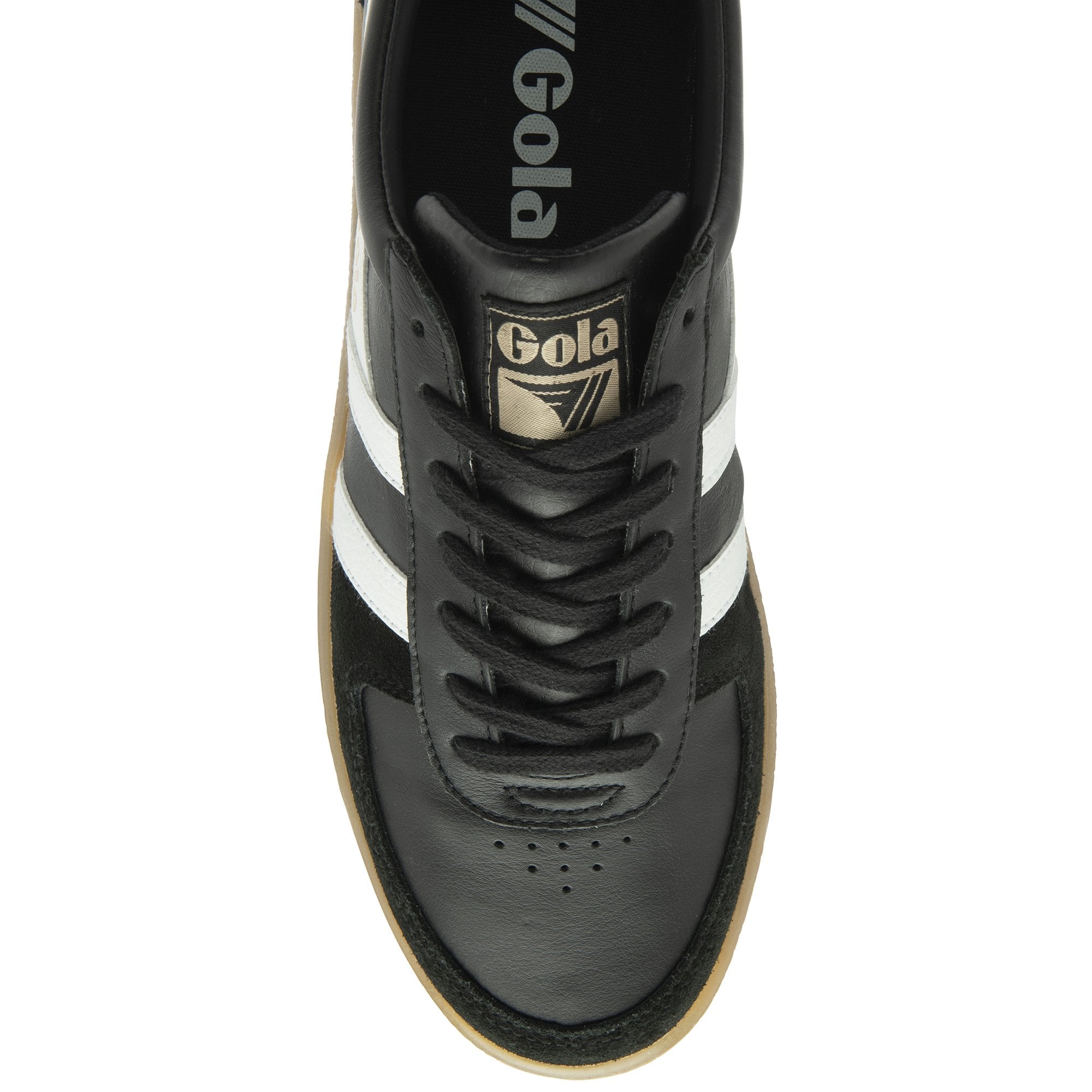 Top-down view of a black Gola sneaker with white stripes and black laces.