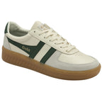 Angled view of a white Gola sneaker with green stripes and a brown sole.