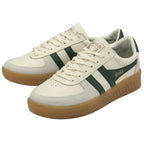 Pair of white Gola sneakers with green stripes and brown soles, angled.