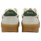Rear view of two white Gola sneakers with green heel accents and brown soles.
