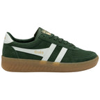 A single Gola men's sneaker in green with white stripes from the right side.