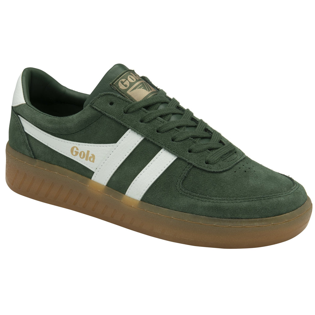 A single Gola men's sneaker in green with white stripes from the left side.