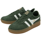 A pair of Gola men's sneakers in green with white stripes from an angled view.