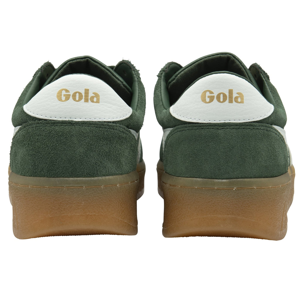 A pair of Gola men's sneakers in green, showing the back with gold Gola branding.