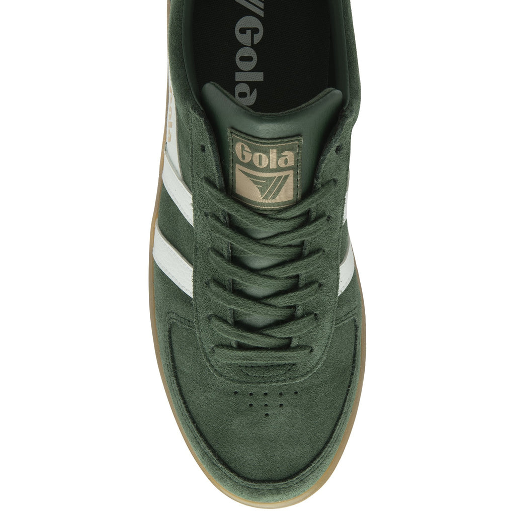 A single Gola men's sneaker in green with white stripes, seen from a top-down view.