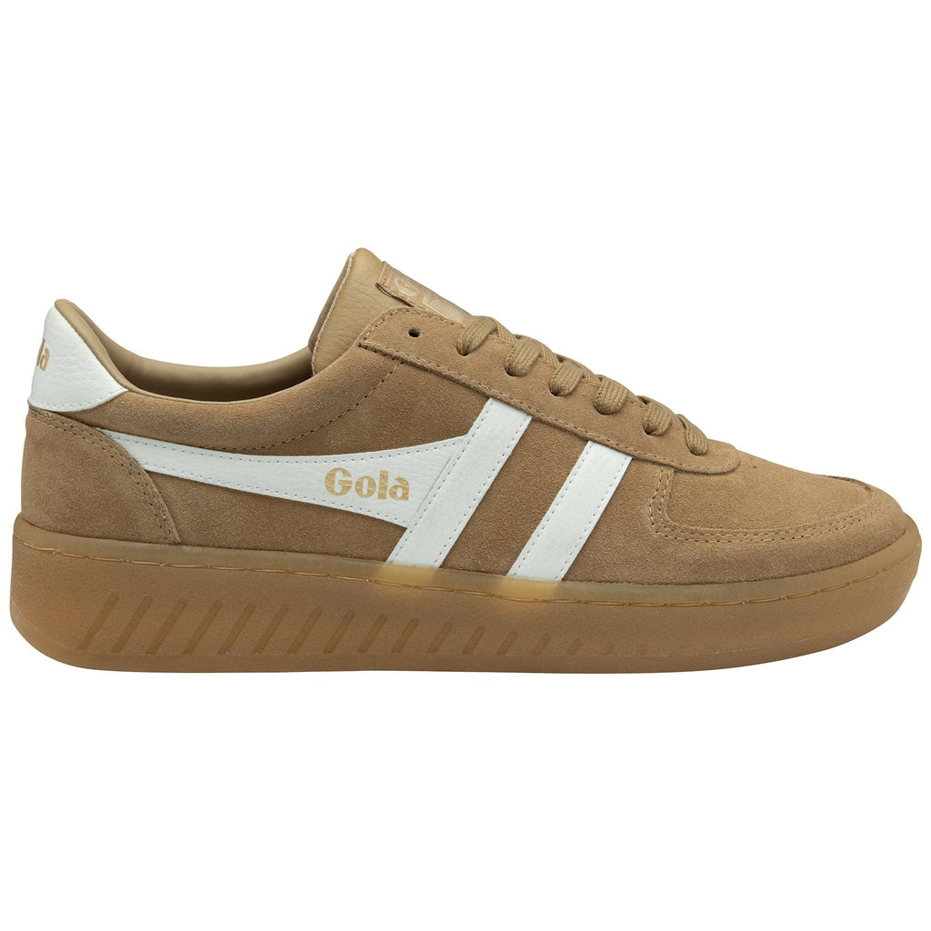 A men's trainer with a tan suede upper and subtle white accents.