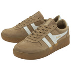 A pair of men's trainers with tan suede uppers and white accents.