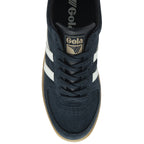 Top-down view of a men's trainer with navy blue suede and white accents.