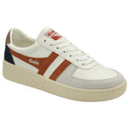 A recycled men's trainer with a white upper and subtle orange accents.