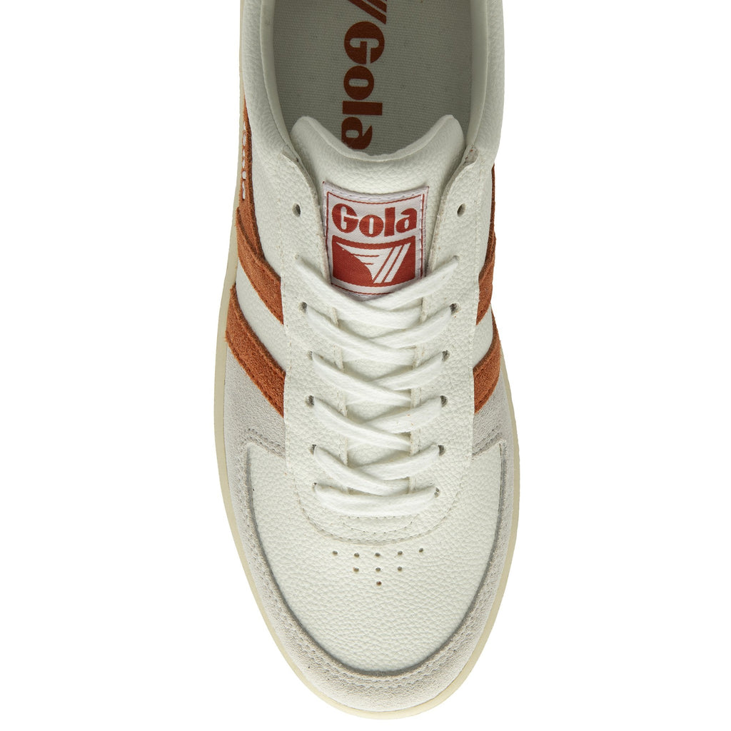 Top-down view of a recycled men's trainer with white and orange accents.