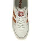 Top-down view of a recycled men's trainer with white and orange accents.