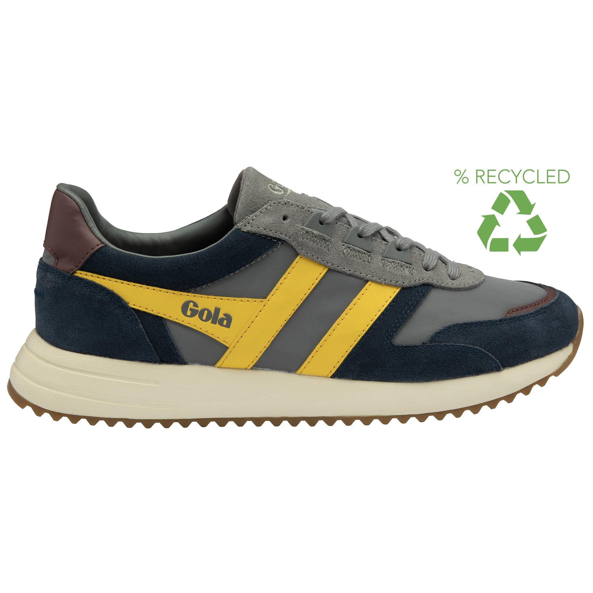 A recycled men's trainer with a blue-grey upper and subtle yellow accents.