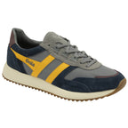 A recycled men's trainer with a blue-grey upper and subtle yellow accents.