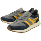 Pair of Gola sneakers in grey, navy, and yellow with a cream sole and brown tread