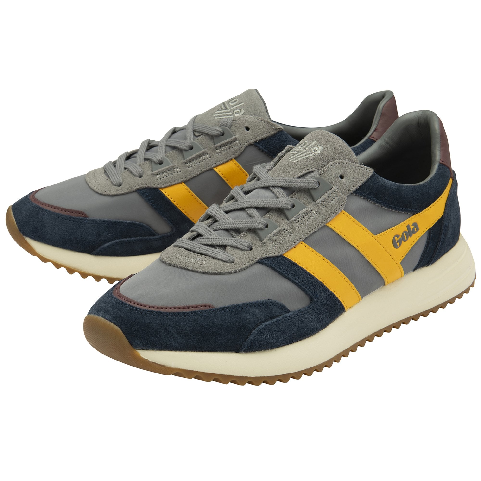 A pair of recycled men's trainers with blue-grey uppers and yellow accents.