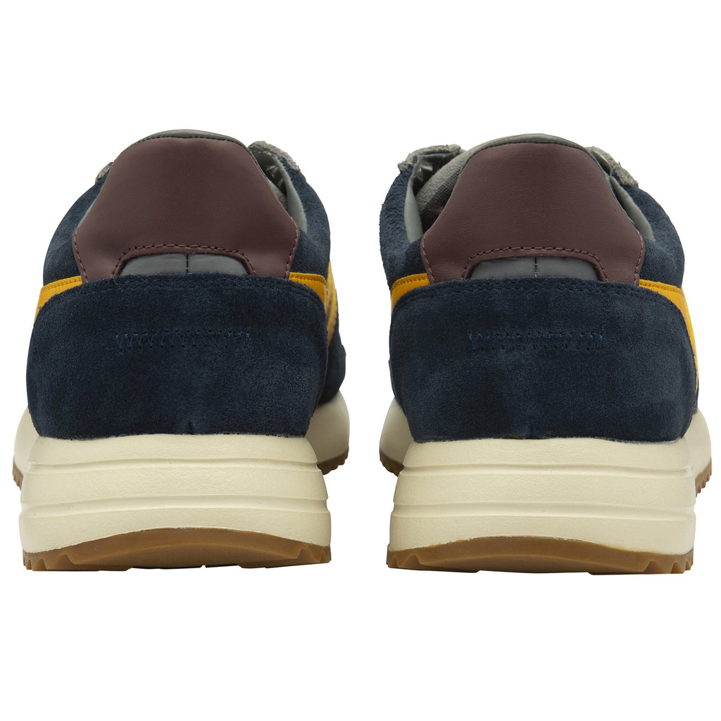Rear view of two recycled men's trainers with blue-grey and yellow accents.