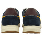 Rear view of two recycled men's trainers with blue-grey and yellow accents.