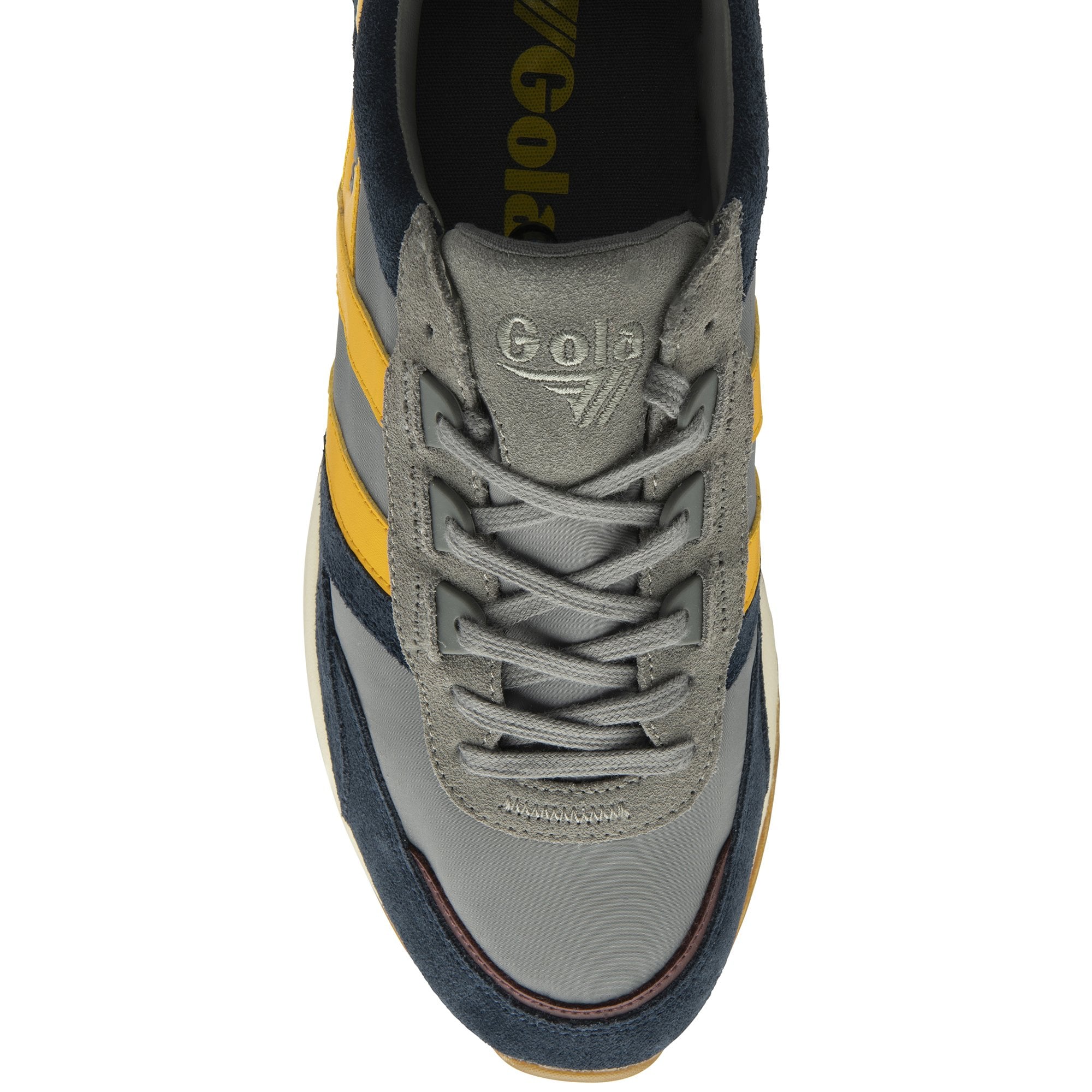 Top-down view of a recycled men's trainer with blue-grey and yellow accents.