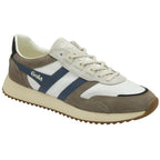 A recycled men's trainer with a white upper and subtle blue accents.
