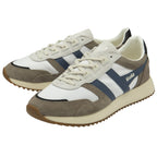 A pair of recycled men's trainers with white uppers and subtle blue accents.
