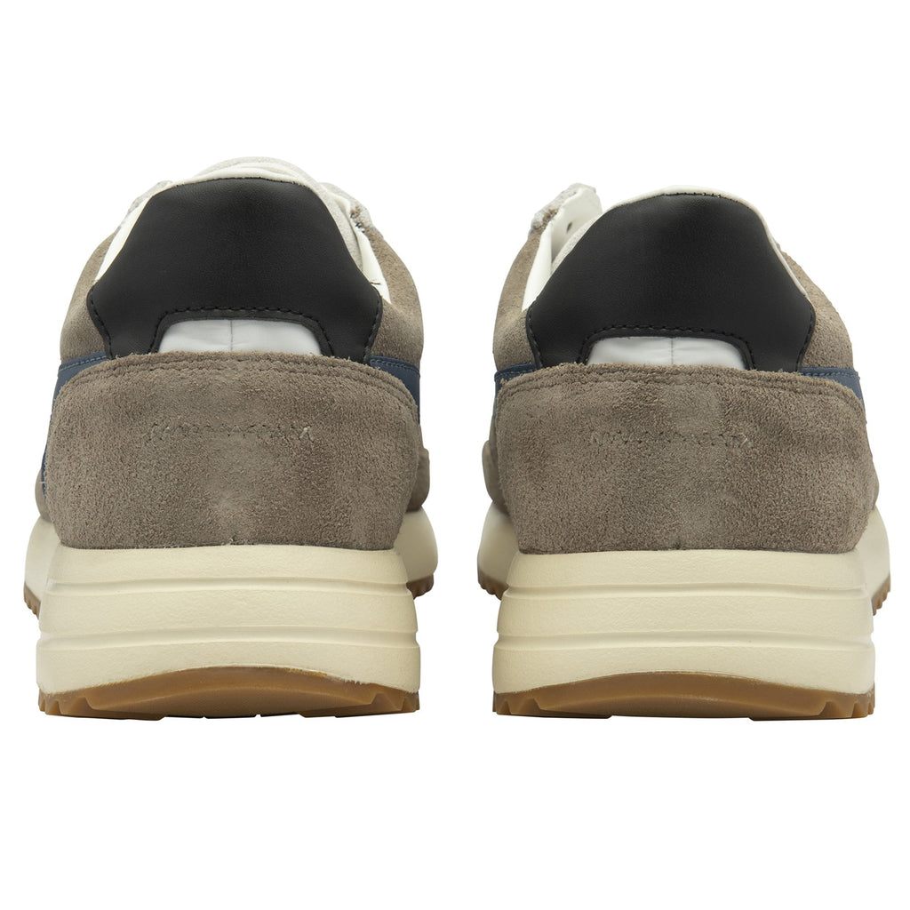 Rear view of two recycled men's trainers with white and blue accents.