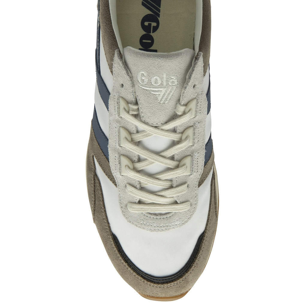 Top-down view of a recycled men's trainer with white and blue accents.