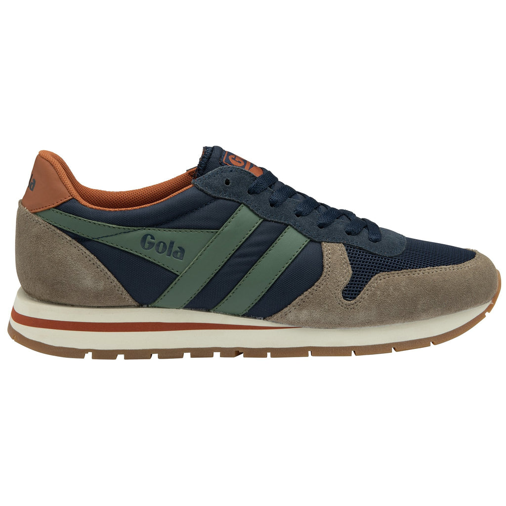 A men's trainer with a navy blue upper and subtle olive accents.