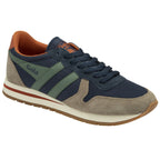 Gola men's trainer in navy, green, and tan with a white and red sole