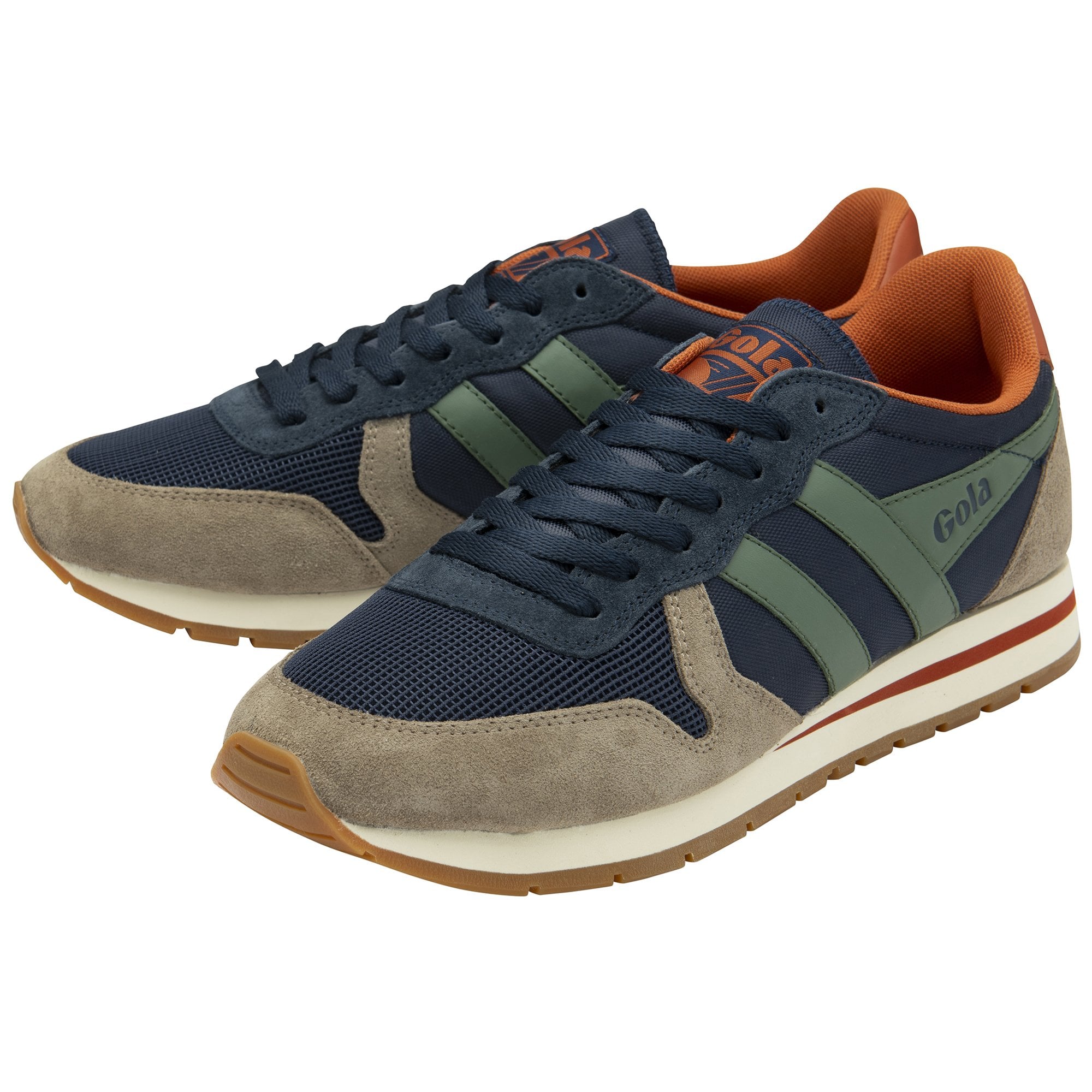 A pair of men's trainers with navy blue uppers and subtle olive accents.