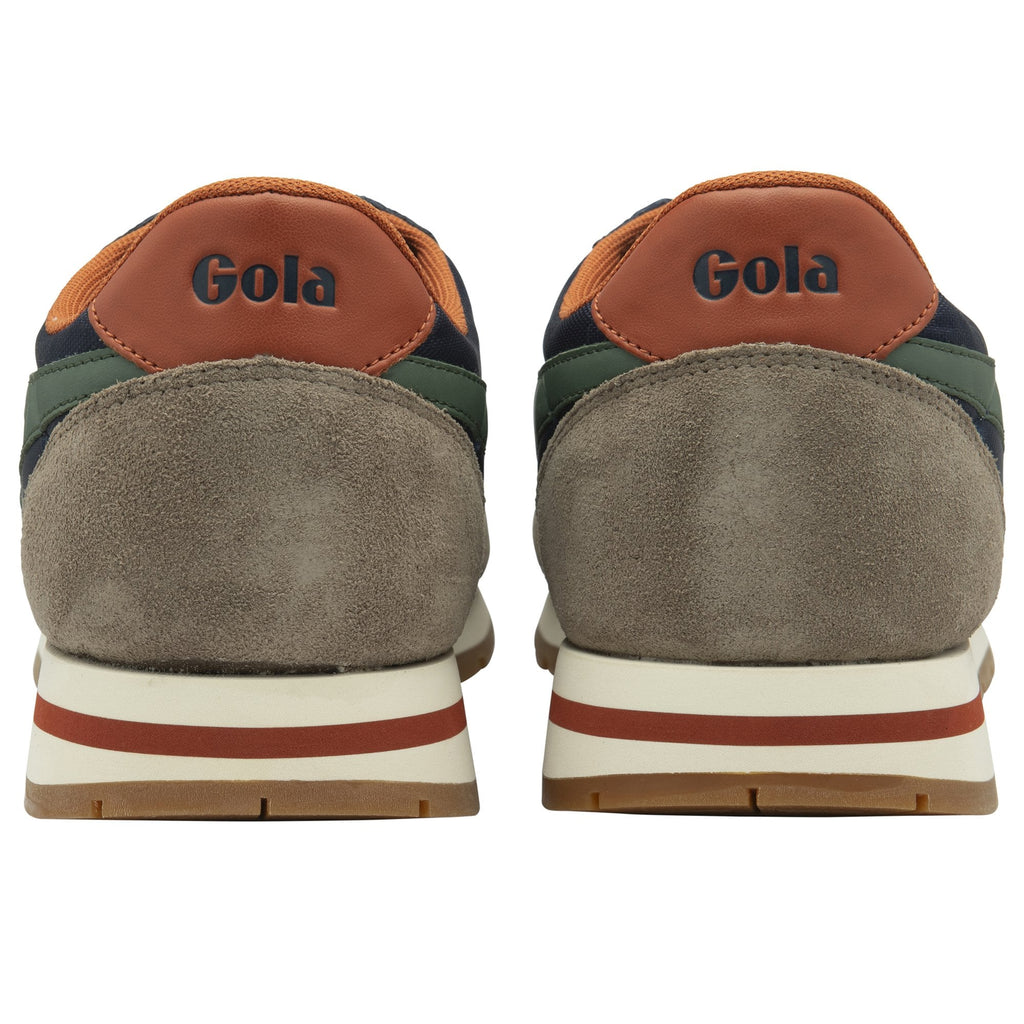 Rear view of two men's trainers with navy blue and olive accents.