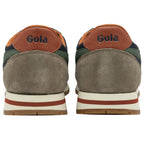 Rear view of two men's trainers with navy blue and olive accents.