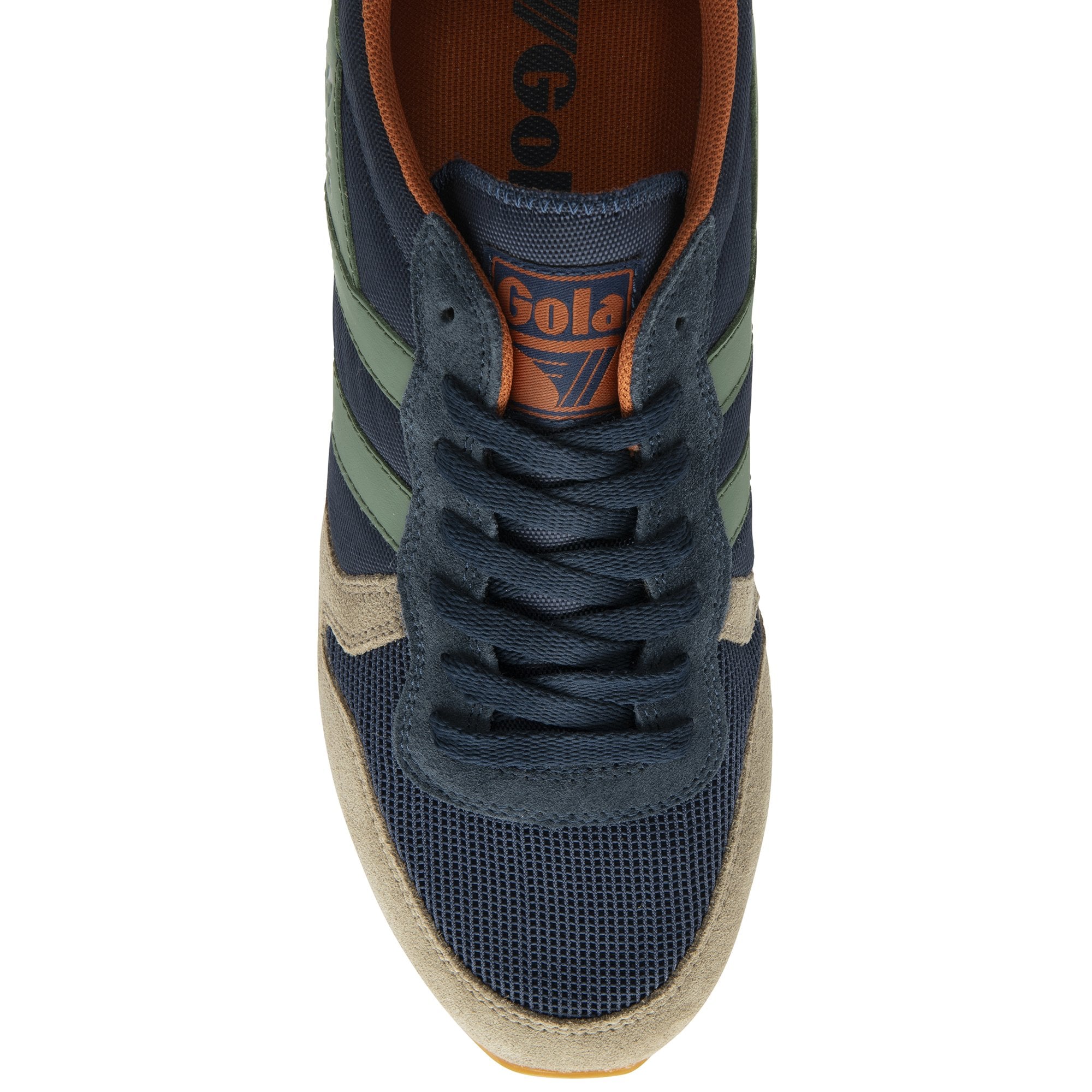 Top-down view of a men's trainer with navy blue and olive accents.