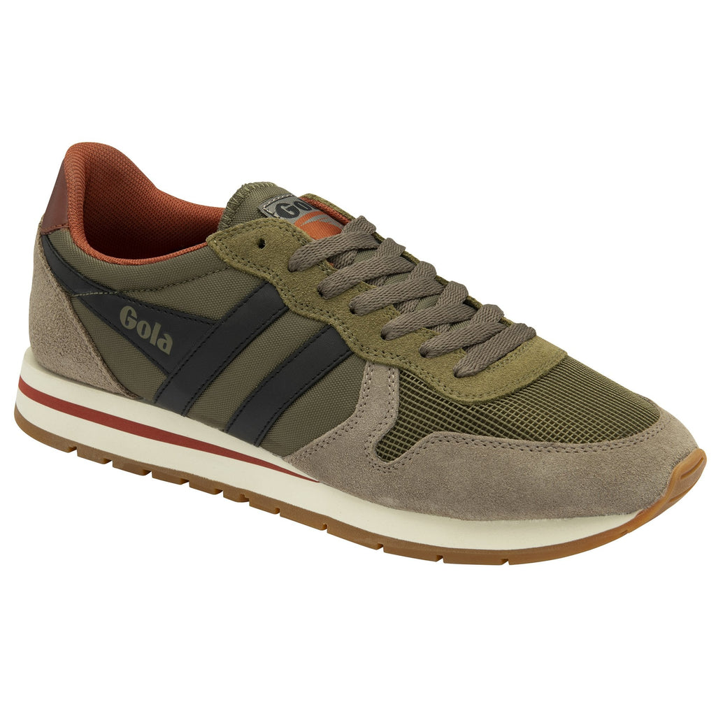 A recycled men's trainer with an olive upper and subtle black accents.