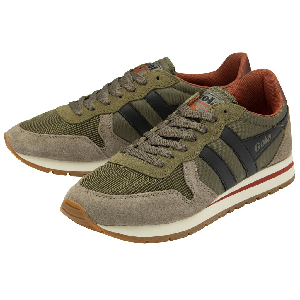 A pair of recycled men's trainers with olive uppers and subtle black accents.
