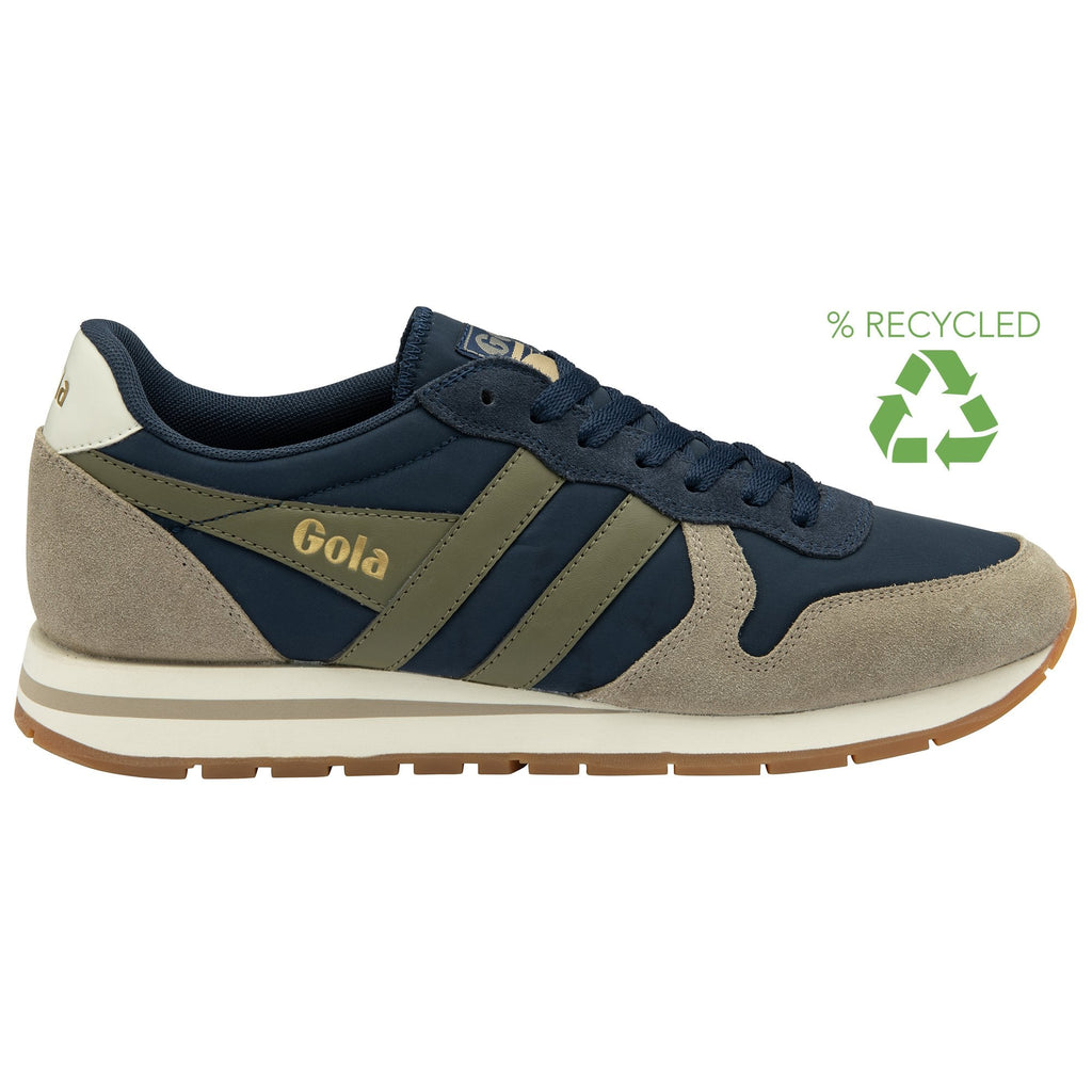 A recycled men's trainer with a navy blue upper and subtle olive accents.