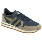 A recycled men's trainer with a navy blue upper and subtle olive accents.