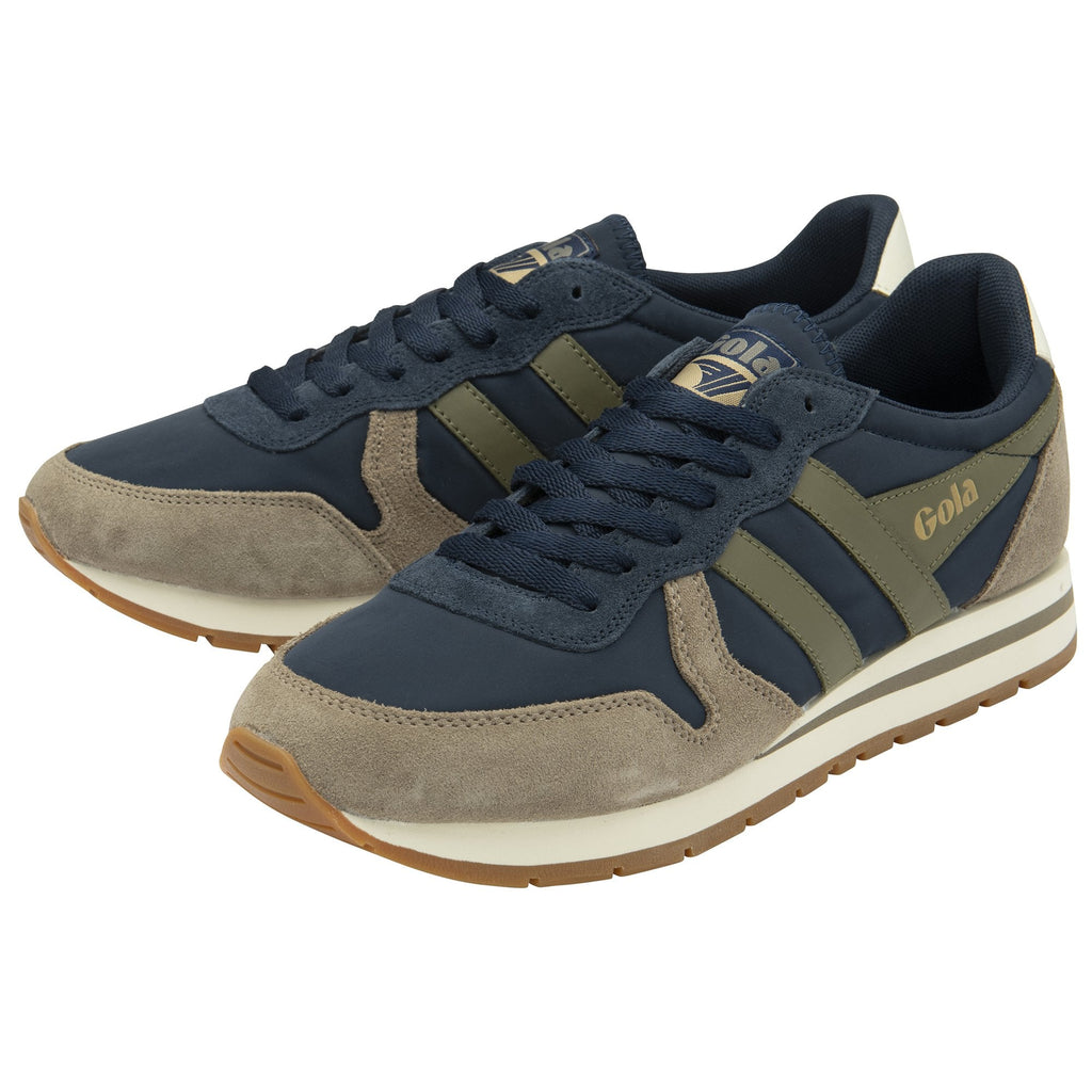 A pair of recycled men's trainers with navy blue uppers and subtle olive accents.