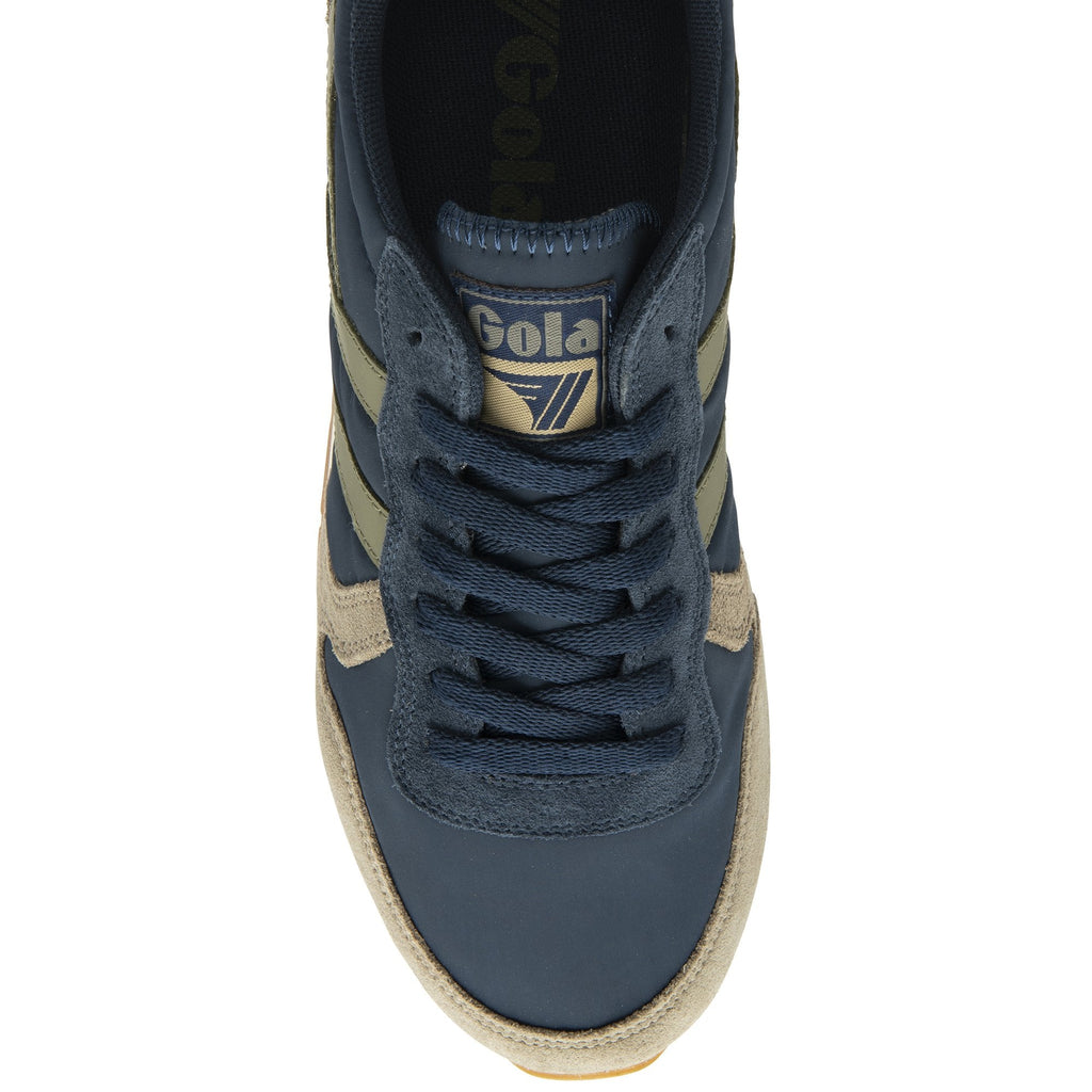 Top-down view of a recycled men's trainer with navy blue and olive accents.
