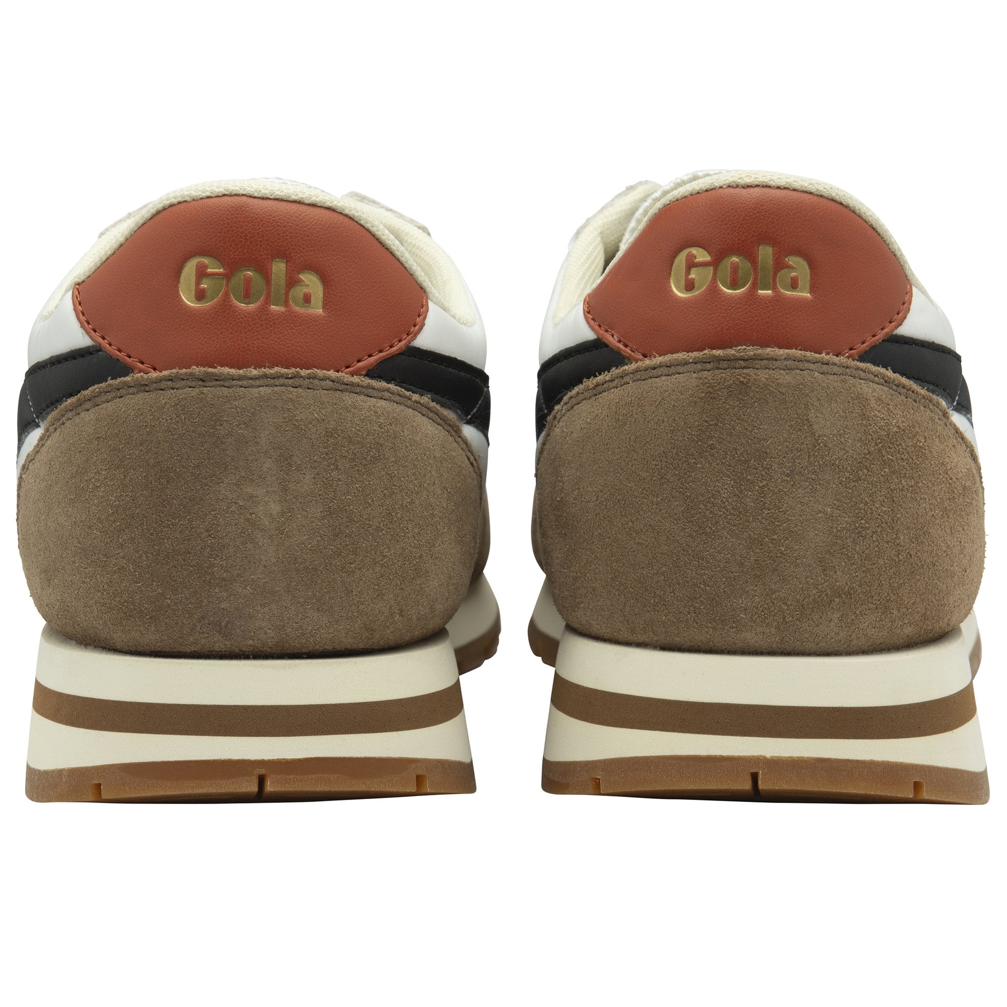 The back of two white and brown Gola sneakers, showing the Gola logo on the heel.