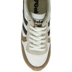 The top-down view of a white and brown Gola sneaker with black stripes and white laces.