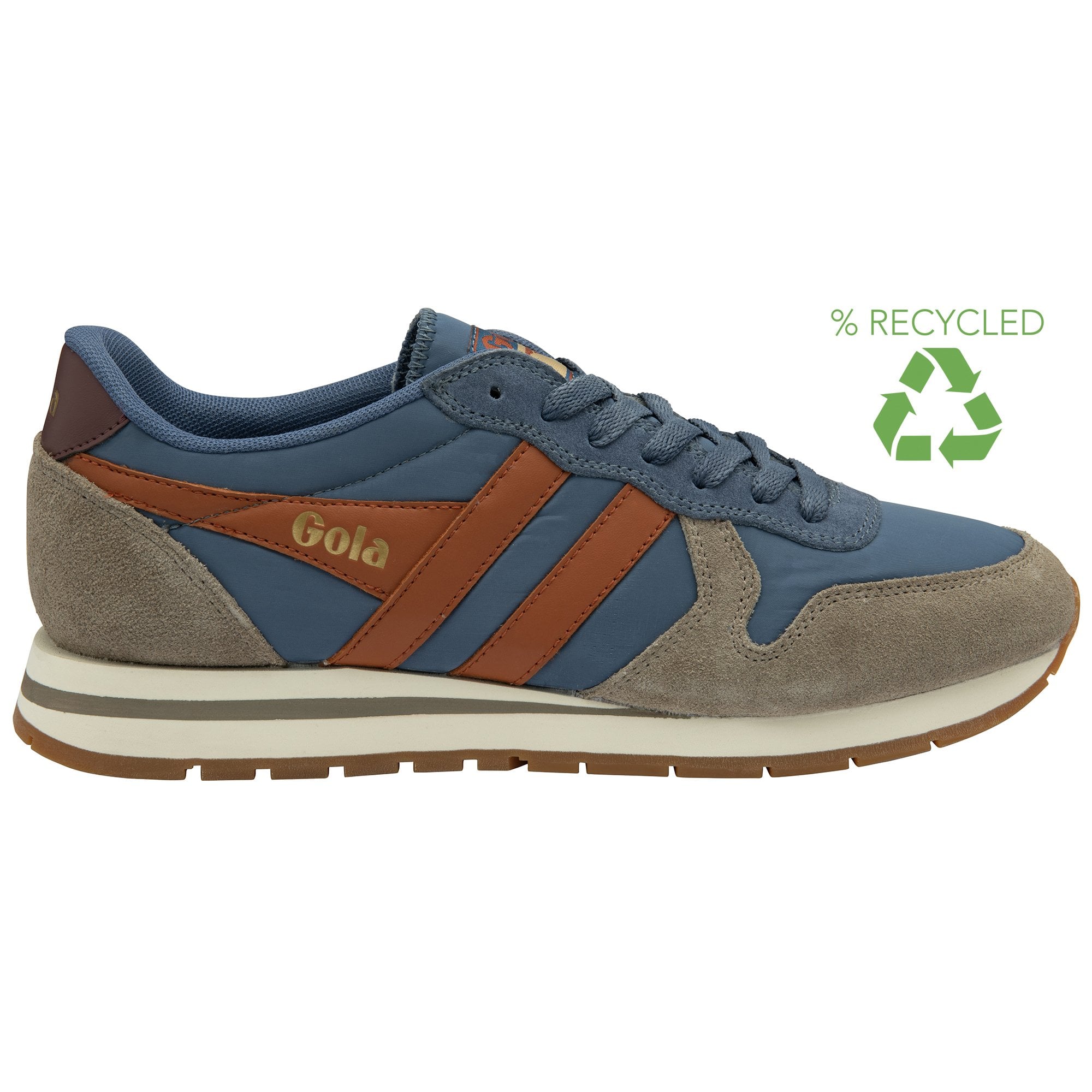 Side view of a blue and brown sneaker with a recycling logo.